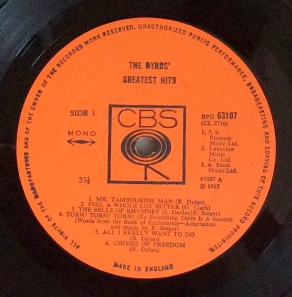 THE BYRDS, Greatest Hits (CBS Orange ; 63107, UK 1967, Laminated Front Sleeve, Pinched Spine, Mono) LP VG/VG - Image 3