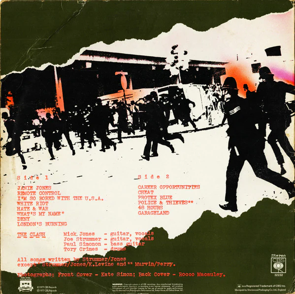 THE CLASH, The Clash (CBS Sunburst Labels; 32232, UK 1982 Reissue, Home Taping Logo On Rear Sleeve, Made In England at Bottom of Label) LP VG/G+ - Image 2