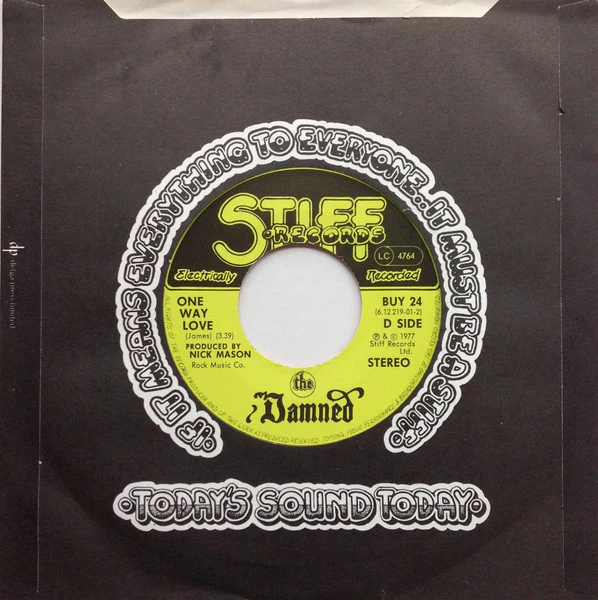 THE DAMNED, Don't Cry Wolf / One Way Love (Stiff; BUY 24, Germany 1977, Company Sleeve, Pink Vinyl) 7" VG+/EX - Image 2