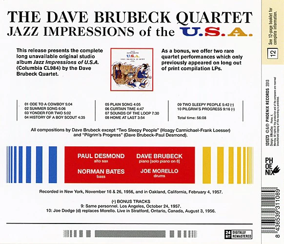 THE DAVE BRUBECK QUARTET, Jazz Impressions Of The U.S.A. (Phoenix Records ; 131573, US 2013 Reissue, Jewel Case) CD VG+/VG+ - Image 2