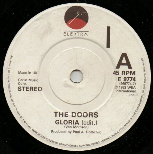 THE DOORS, Gloria / Love Me Two Times (Elektra; E 9774, UK 1983, Company Sleeve) LP VG+/VG+