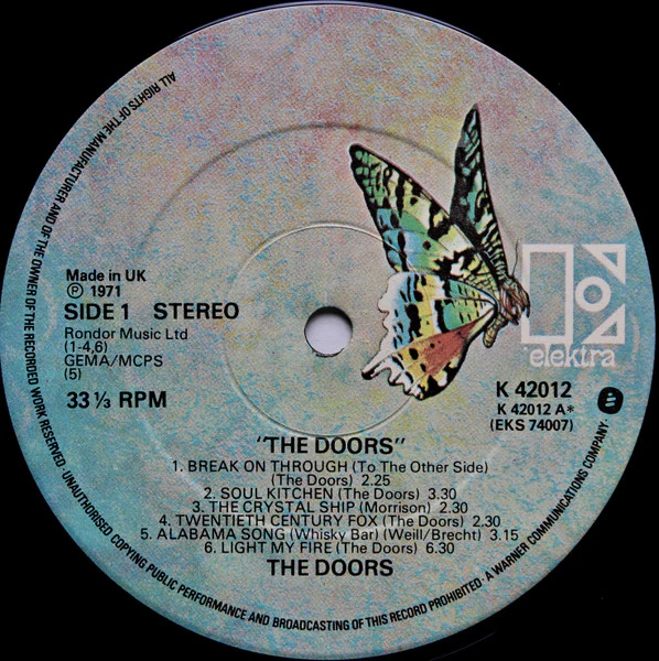 THE DOORS, The Doors (Elektra Butterfly, With W Logo on Rim, Doors In Plain Text; K42012, UK 1976 Reissue) LP VG/VG+ - Image 3