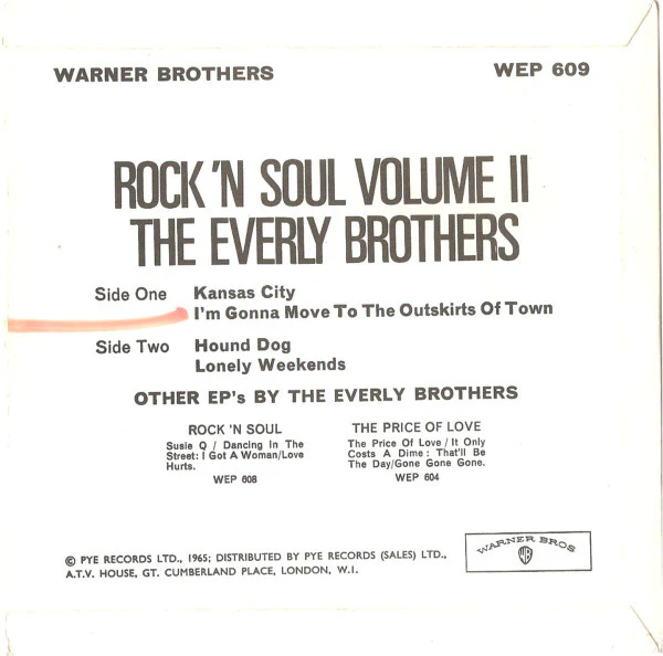 THE EVERLY BROTHERS, Rock 'N Soul Vol. 2 (Warner Bros. Records ; WEP 609, UK 1965, Laminated Flipback Sleeve) 7" EP VG/VG+ - Image 2