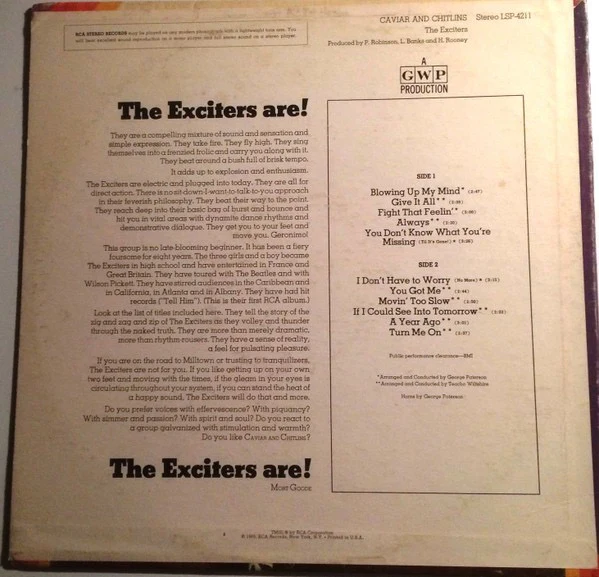 THE EXCITERS, Caviar And Chitlins (RCA Victor; LSP-4211, US 1969, Pasteback Sleeve, Stereo) LP G/G - Image 2