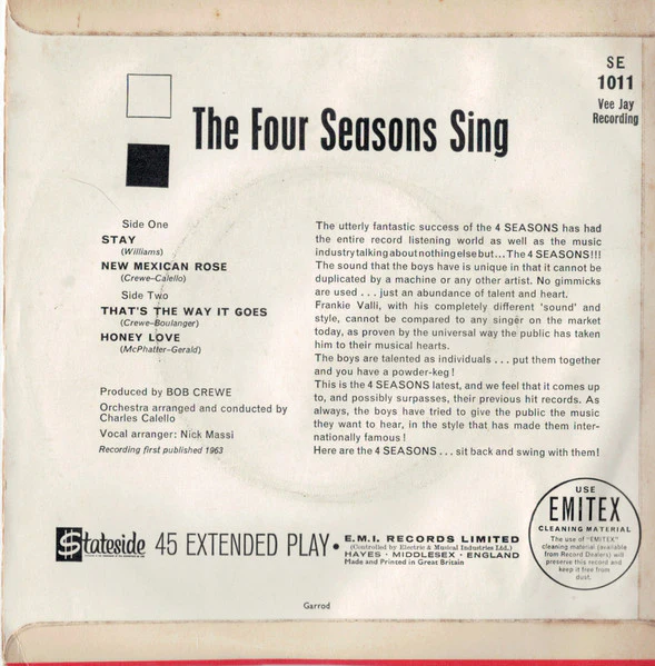 THE FOUR SEASONS, The Four Seasons Sing Stay (Stateside; SE 1011, UK 1963, Laminated Flipback Sleeve) 7" EP VG/VG - Image 2