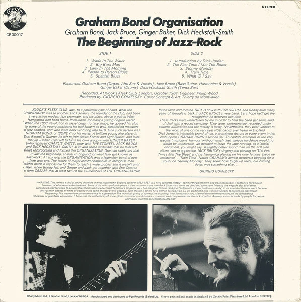 THE GRAHAM BOND ORGANIZATION, The Beginning Of Jazz-Rock (Charly; CR 300017, UK 1977 Reissue, Laminated Front Sleeve) LP VG/VG - Image 2