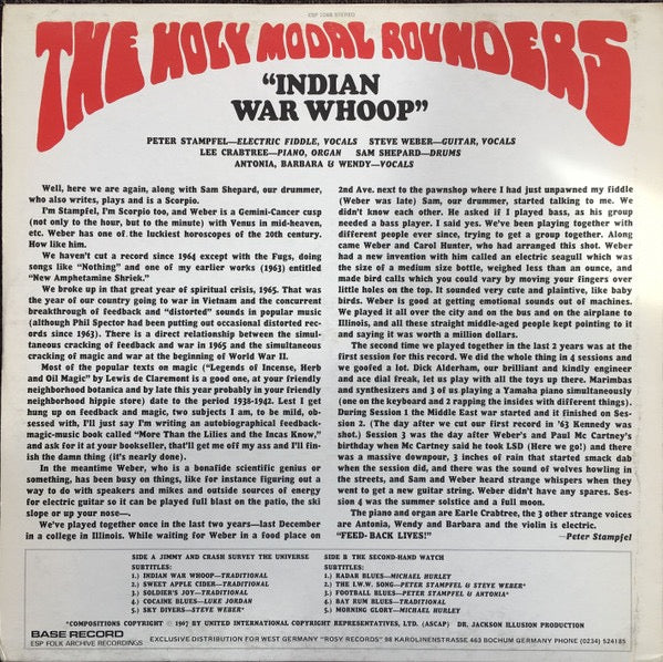 THE HOLY MODAL ROUNDERS, Indian War Whoop (Base Record; ESP 1068, Italy 1970s Reissue) LP VG/VG+ - Image 2