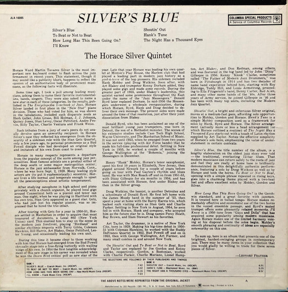 THE HORACE SILVER QUINTET, Silver's Blue (Columbia Special Products; JLA 16005, US Reissue) LP G/VG+ - Image 2
