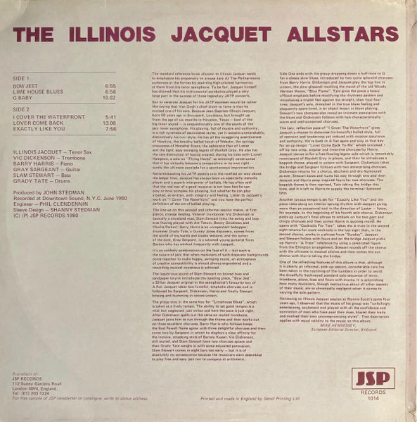 THE ILLINOIS JACQUET ALLSTARS, The Illinois Jacquet Allstars (JSP Records; 1014, UK 1980) LP VG/VG - Image 2