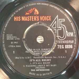 THE IMPRESSIONS, It's All Right (His Master's Voice; 7EG 8896, UK 1964, Plain Sleeve, Mono, 4 prong centre) 7" EP /VG+ - Image 3
