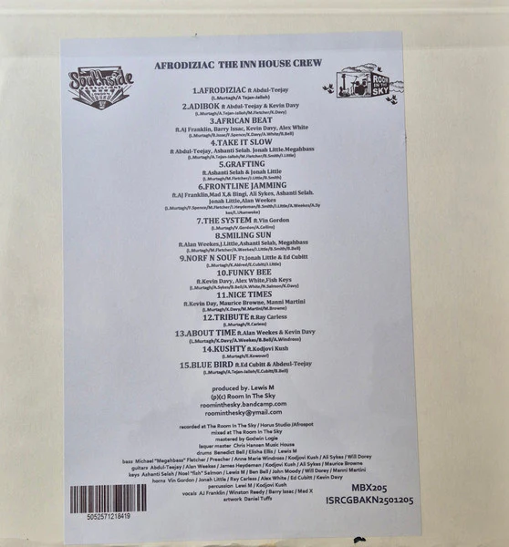 THE INN HOUSE CREW, Afrodiziac (Room In The Sky; MBX205, UK 2025, Front is printed screenprint on reused old sleeve folded inside out. Back is a white A4 glued to back of sleeve.), SALE - Up LP VG+/EX - Image 2