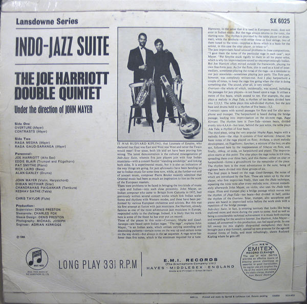 THE JOE HARRIOTT DOUBLE QUINTET & JOHN MAYER, Indo-Jazz Suite (Columbia (Blue/Black label); SX 6025, UK 1966, Front Laminated Flipback Sleeve, Mono) LP VG/VG - Image 2