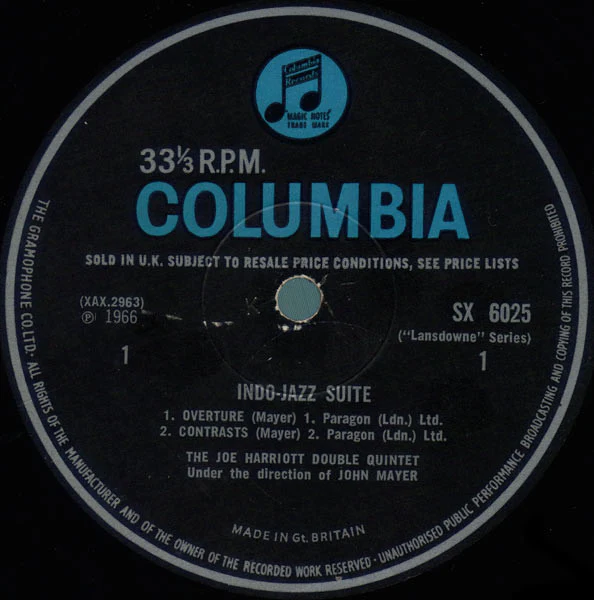 THE JOE HARRIOTT DOUBLE QUINTET & JOHN MAYER, Indo-Jazz Suite (Columbia (Blue/Black label); SX 6025, UK 1966, Front Laminated Flipback Sleeve, Mono) LP VG/VG - Image 3