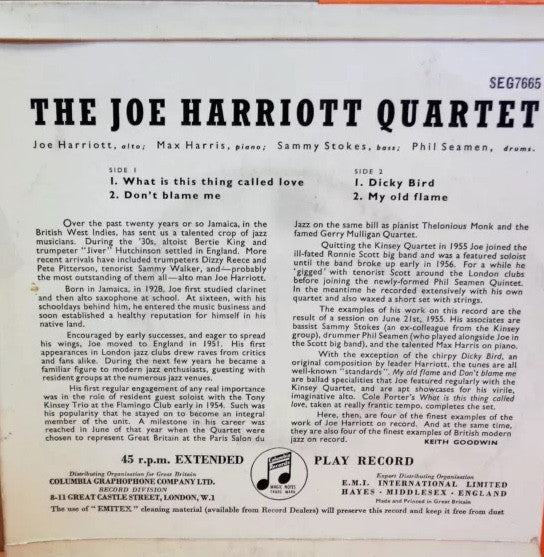 THE JOE HARRIOTT QUARTET, The Joe Harriott Quartet (Columbia; SEG7665, UK 1956, Laminated Flipback Sleeve, Mono) 7" EP VG/G - Image 2