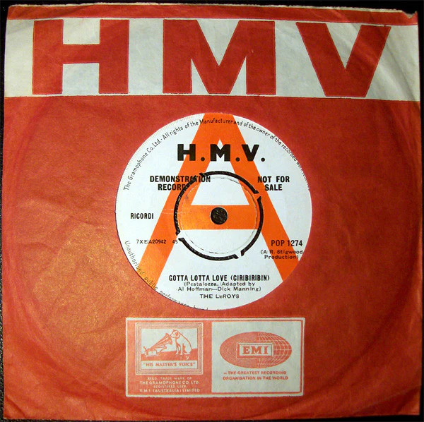 THE LEROYS, Gotta Lotta Love (Ciribiribin) / Don't Cry Baby (His Master's Voice; POP 1274, UK 1964, Promo, Company Inner) 7" /VG