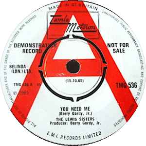 THE LEWIS SISTERS, You Need Me / Moonlight On The Beach (Tamla Motown; TMG 536, UK 1965, Company Sleeve) 7" VG+/EX - Image 2