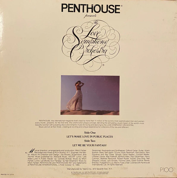 THE LOVE SYMPHONY ORCHESTRA, Penthouse Presents Pulsating Disco and Romantic moods for Loving and Dancing (Talpro; P100, US 1978, Triple Gatefold, "Penthouse Pet" inside gatefold.) LP VG/VG - Image 2