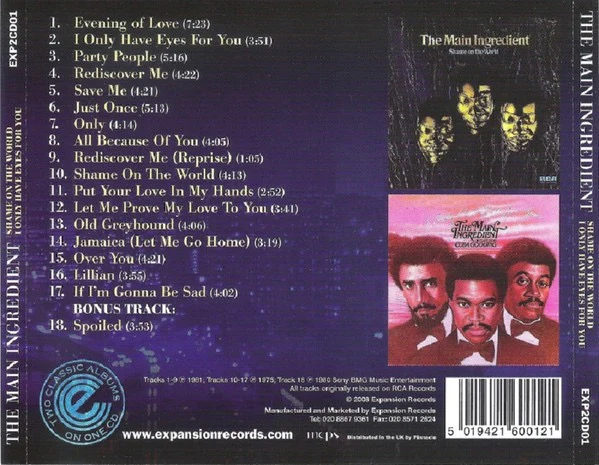 THE MAIN INGREDIENT, Shame On The World / I Only Have Eyes For You (Expansion; EXP2CD01, UK 2009 Reissue, Jewel Case) CD VG+/VG+ - Image 2