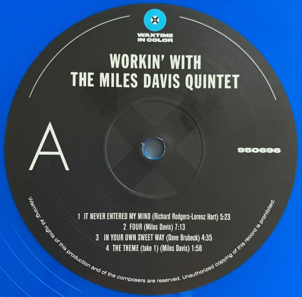 THE MILES DAVIS QUINTET, Workin' With The Miles Davis Quintet (WaxTime In Color; 950696, Europe 2021 Reissue, Limited Edition, 180g, Blue Vinyl) LP NEW/NEW - Image 3