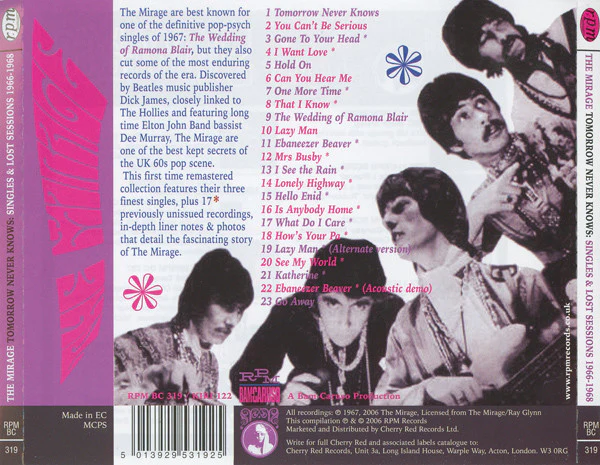 THE MIRAGE, Tomorrow Never Knows - Singles And Lost Sessions 1966-1968 (RPM Records; RPM BC 319, UK 2006) CD VG+/VG+ - Image 2