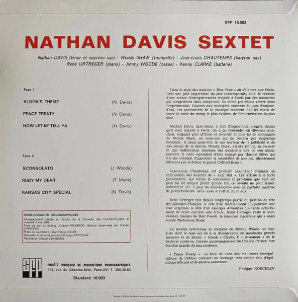 THE NATHAN DAVIS SEXTET, Peace Treaty (Sam Records; SR17/1, France 2020 Reissue, Flipback Sleeve, Company Inner, Remastered), SALE - Up to 50% Off the Original Price LP VG/VG+ - Image 2
