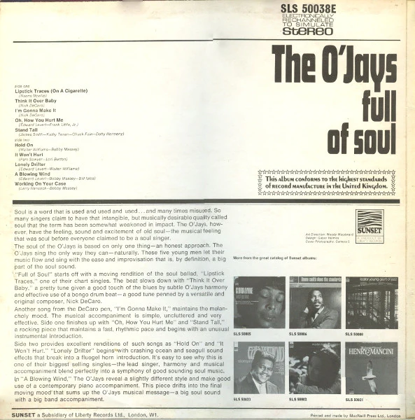 THE O'JAYS, Full Of Soul (Sunset Records; SLS 50038E, UK 1968) LP VG/VG - Image 2
