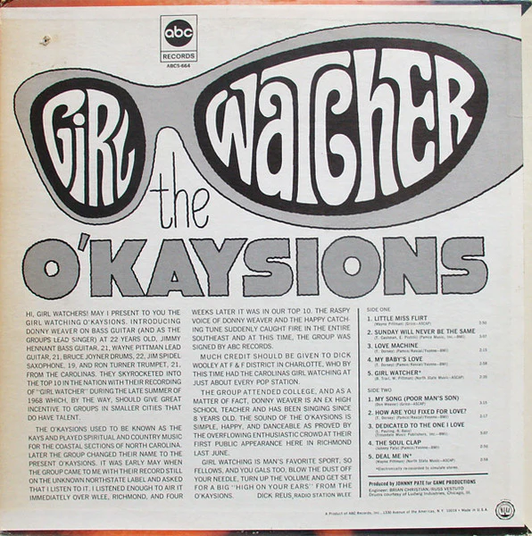 THE O'KAYSIONS, Girl Watcher (ABC Records ; ABCS-664, US 1968, Company Inner) LP VG+/VG+ - Image 2