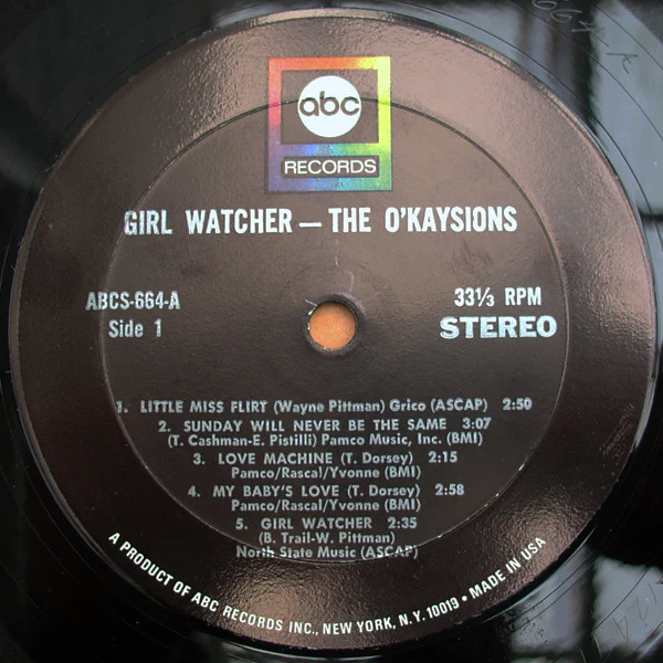 THE O'KAYSIONS, Girl Watcher (ABC Records ; ABCS-664, US 1968, Company Inner) LP VG+/VG+ - Image 3
