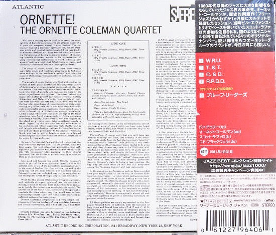 THE ORNETTE COLEMAN QUARTET, Ornette! (Atlantic; 8122-79640-6, Europe 2012 Reissue, Jewel Case, No Obi) CD VG/VG+ - Image 2