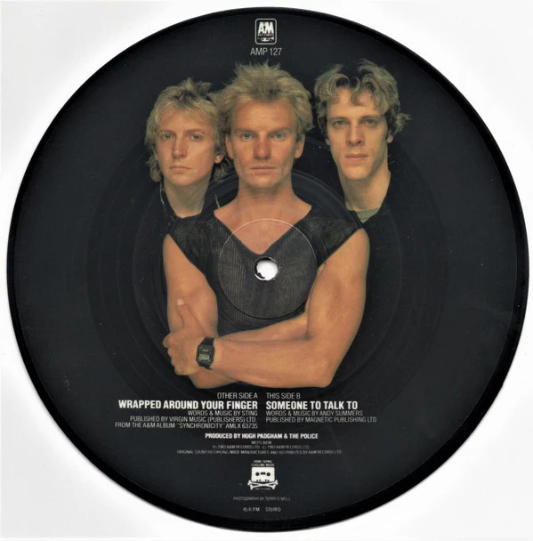 THE POLICE, Wrapped Around Your Finger / Someone To Talk To (A&M Records ; AMP 127, UK 1983, Plastic Sleeve, Picture Disc, Stewart Copeland Photo) 7" VG+/VG+ - Image 2