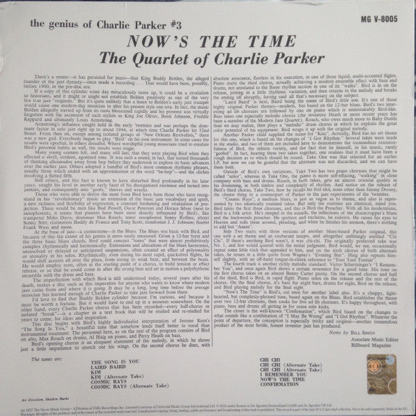 THE QUARTET OF CHARLIE PARKER, Now's The Time (Verve Records ; MGV-8005, UK 2016 Reissue, No Booklet, 180g) LP VG+/VG+ - Image 2