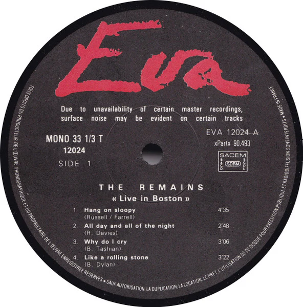 THE REMAINS, Live In Boston (Eva; 12024, France 1983), SALE - Up to 50% Off the Original Price  LP VG+/VG+ - Image 3