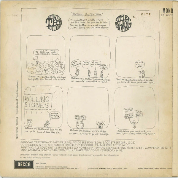 THE ROLLING STONES, Between The Buttons (Decca Red Unboxed; LK4852, UK 1967, Laminated Sleeve, Mono, Side No On Right of Spindle Hole, Mirage Music Above Rights Box on left) LP G/G - Image 2