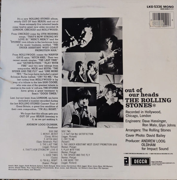 THE ROLLING STONES, Out Of Our Heads (Decca; LKD 5336, UK 1984 Reissue, Mono Remaster, 'Digitally Re-mastered' label, US Tracklist) LP VG/VG - Image 2