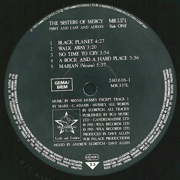 THE SISTERS OF MERCY, First And Last And Always (Merciful Release; MR 337L, Europe 1985, Barcoded Single Sleeve, Inner) LP G+/G - Image 3