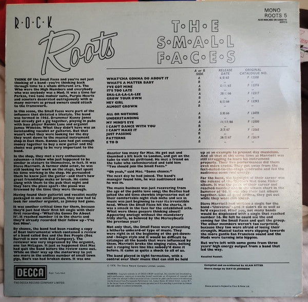 THE SMALL FACES, Rock Roots (Decca; ROOTS 5, UK 1980s Reissue) LP VG/VG - Image 2