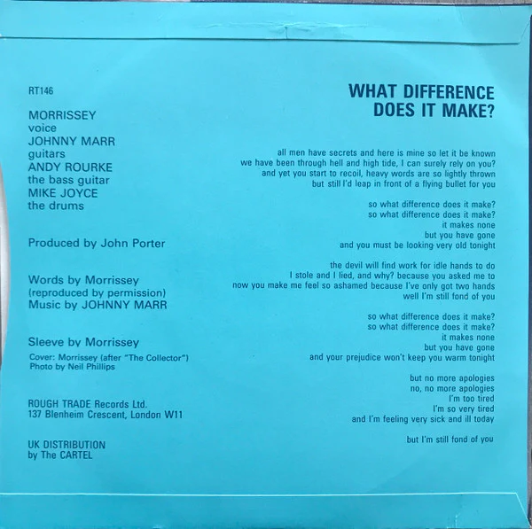 THE SMITHS, What Difference Does It Make? (Rough Trade; RT 146, UK 1984, Morrissey Cover, Cursive Rough Trade Logo on Label, Solid Centre) 7" VG/VG - Image 2