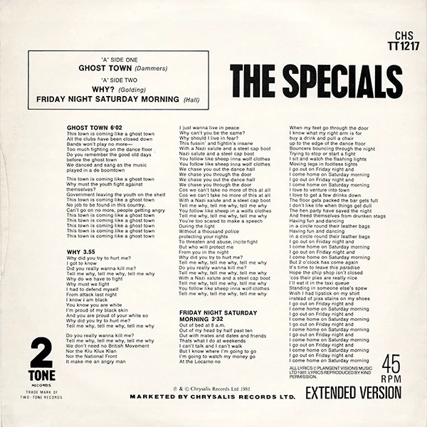 THE SPECIALS, Ghost Town / Why? / Friday Night, Saturday Morning (Two-Tone Records; CHS TT 1217, UK 1981, Picture Sleeve) 12" VG+/VG+ - Image 2