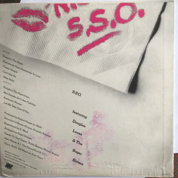 THE S.S.O. ORCHESTRA FEATURING DOUGLAS LUCAS & THE SUGAR SISTERS, Tonight's The Night (Shadybrook Records; SB 33-001, US 1975) LP VG/VG - Image 2