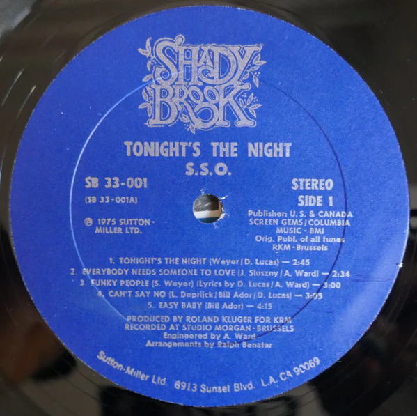 THE S.S.O. ORCHESTRA FEATURING DOUGLAS LUCAS & THE SUGAR SISTERS, Tonight's The Night (Shadybrook Records; SB 33-001, US 1975) LP VG/VG - Image 3