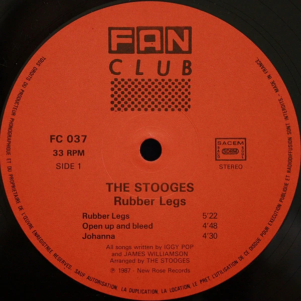THE STOOGES, Rubber Legs (New Rose; NR330, France 1987, Inner, No 7") LP VG/VG - Image 3