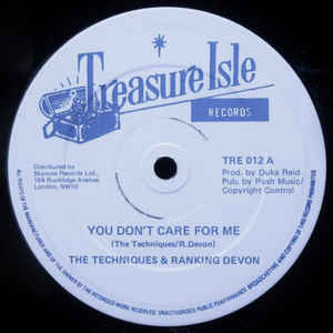 THE TECHNIQUES / RANKING DEVON, You Don't Care For Me / I'm In The Mood (Treasure Isle; TRE 012, UK 1980s, Reggae Disco 45 Sleeve) 12" VG/VG+