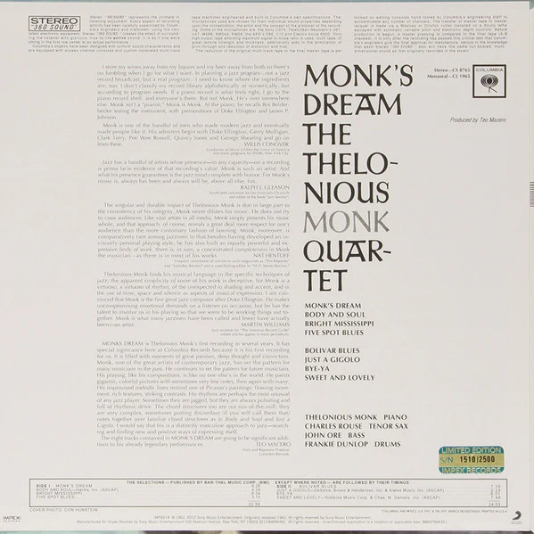 THE THELONIOUS MONK QUARTET, Monk's Dream (Impex Records; IMP6014, US 2012 Reissue) LP VG+/VG - Image 2
