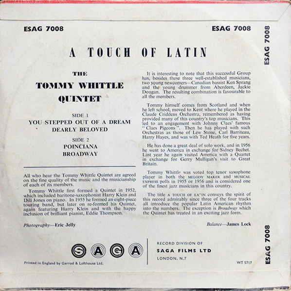 THE TOMMY WHITTLE QUINTET, A Touch Of Latin (Saga; ESAG 7008, UK 1958, 4 prong centre) 7" EP VG/VG+ - Image 2