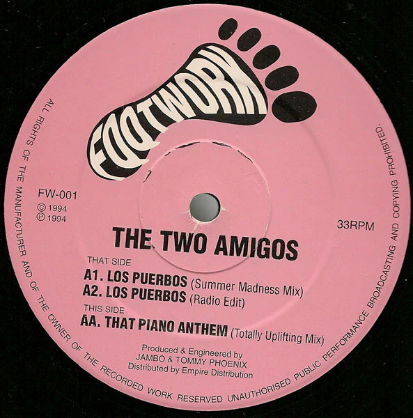 THE TWO AMIGOS, Los Puerbos / That Piano Anthem (Footwork Records; FW-001, UK 1994) 12" /VG