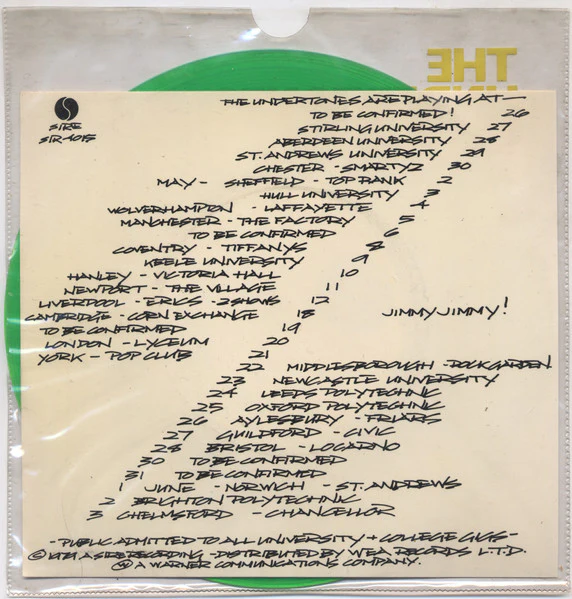 THE UNDERTONES, Jimmy Jimmy / Mars Bars (Sire; SIR 4015, UK 1979, Printed Plastic Sleeve With Square Corners And Thumb Cut, Insert, Green Vinyl) 7" VG/VG - Image 2
