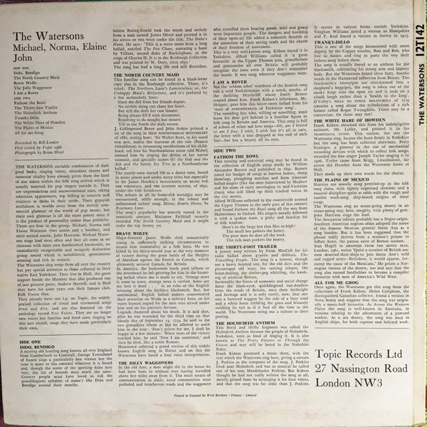 THE WATERSONS, The Watersons (Topic Blue Label; 12T142, UK 1970s Reissue, Laminated Front Sleeve) LP VG+/VG+ - Image 2