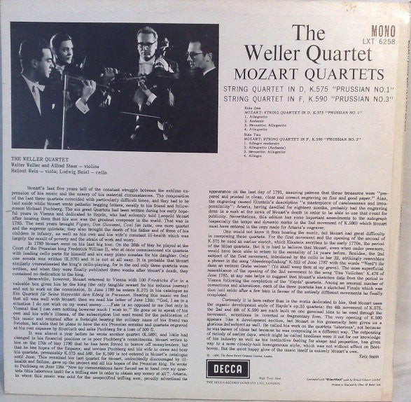 THE WELLER QUARTET, Mozart: Quartets K.575 In D "Prussian No.1" / K.590 In F "Prussian No. 3" (Decca ; SXL 6258, UK 1967, Laminated Front Sleeve, Mono) LP VG/VG+ - Image 2
