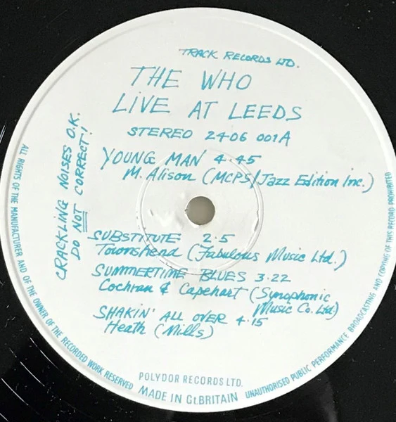 THE WHO, Live At Leeds (Track Record; 2406 001, UK 1970, All 12 Inserts, Blue Lettering) LP VG/VG - Image 2