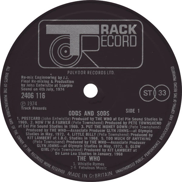 THE WHO, Odds & Sods (Track; 2406 116, UK 1974, Die Cut Sleeve With In Concert Photo Inside and Braille On Rear Sleeve, Insert) LP VG+/VG+ - Image 3